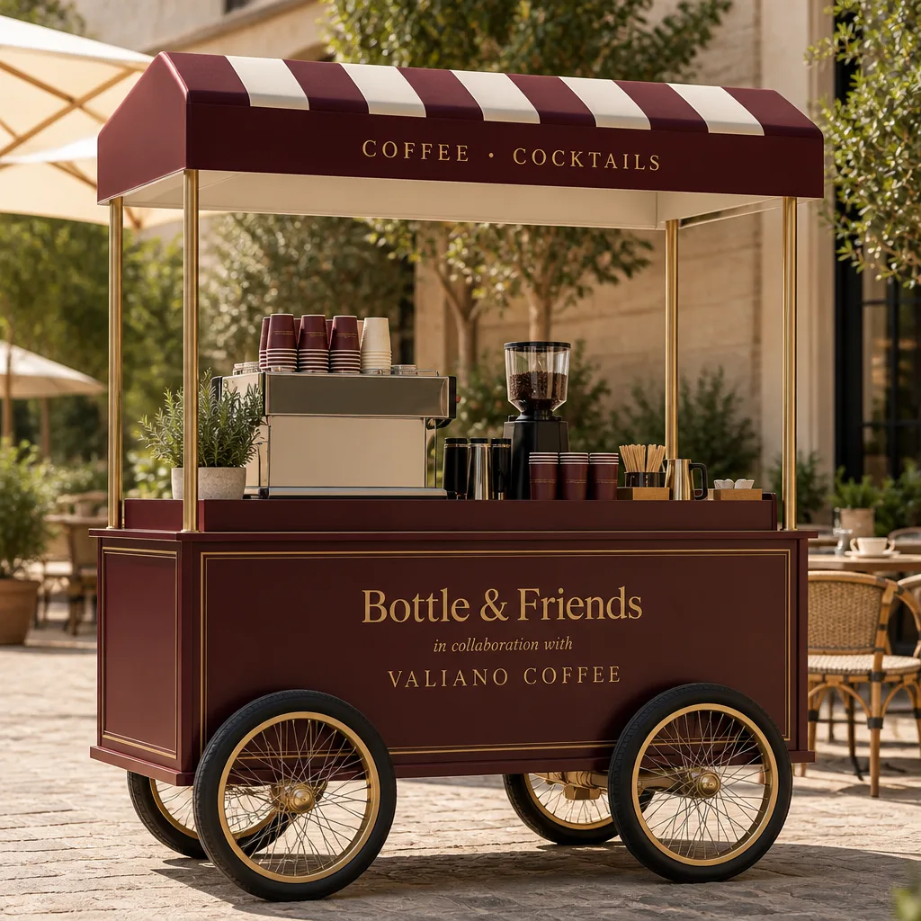 Marché Vintage Coffee Cart — a four-wheel vintage market coffee cart with a striped awning, brass detailing, and a deep burgundy body