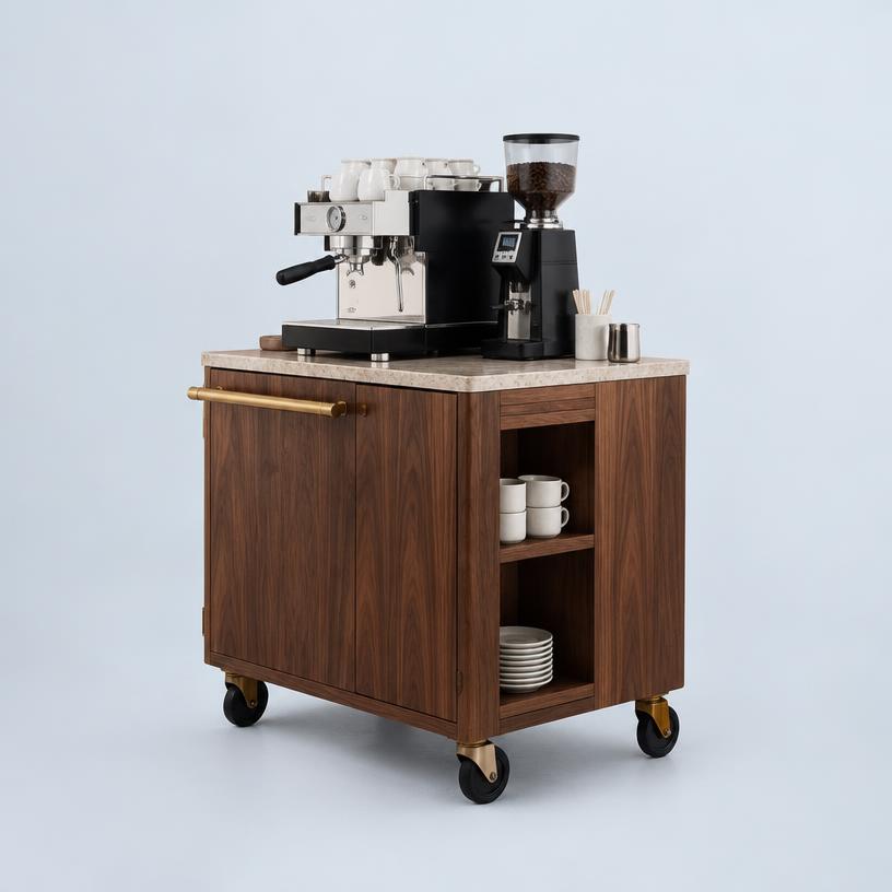 A compact walnut espresso cart with a brass rail