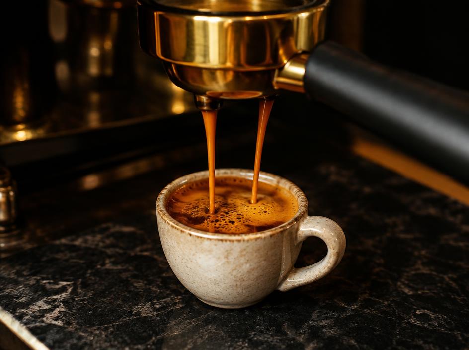Espresso pouring onto a natural stone and brass work surface