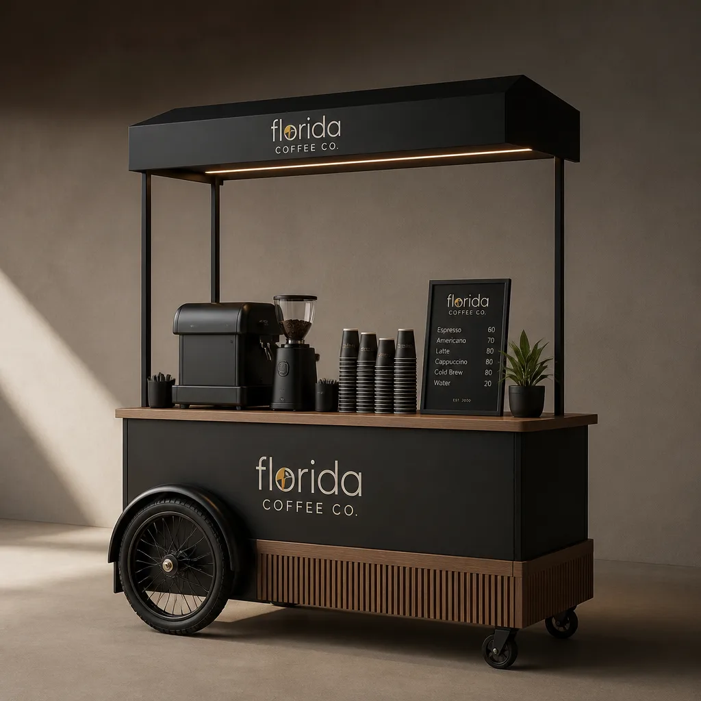 Noir Box Coffee Cart — a fluted box coffee cart with a branded signage canopy and a large spoked wheel, shown in matte black