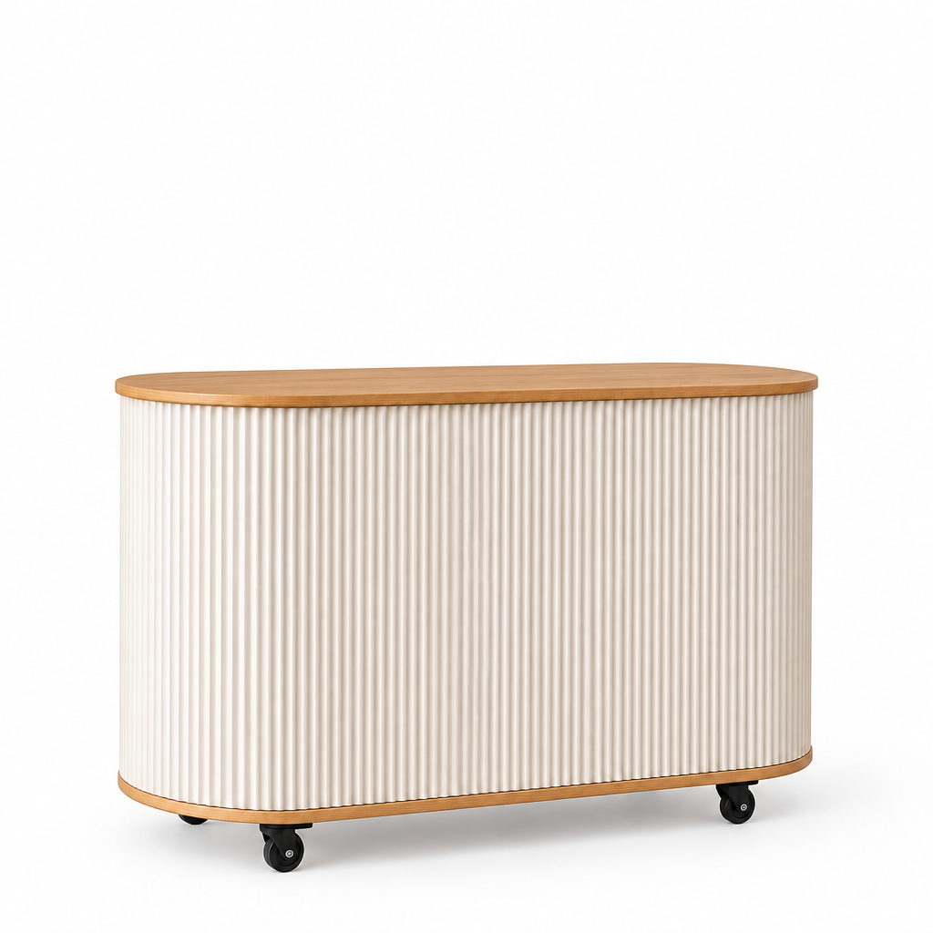 Nordic Mini Mobile Coffee Cart — a compact mobile coffee counter with a cream vertical fluted body, light oak oval countertop, and no canopy