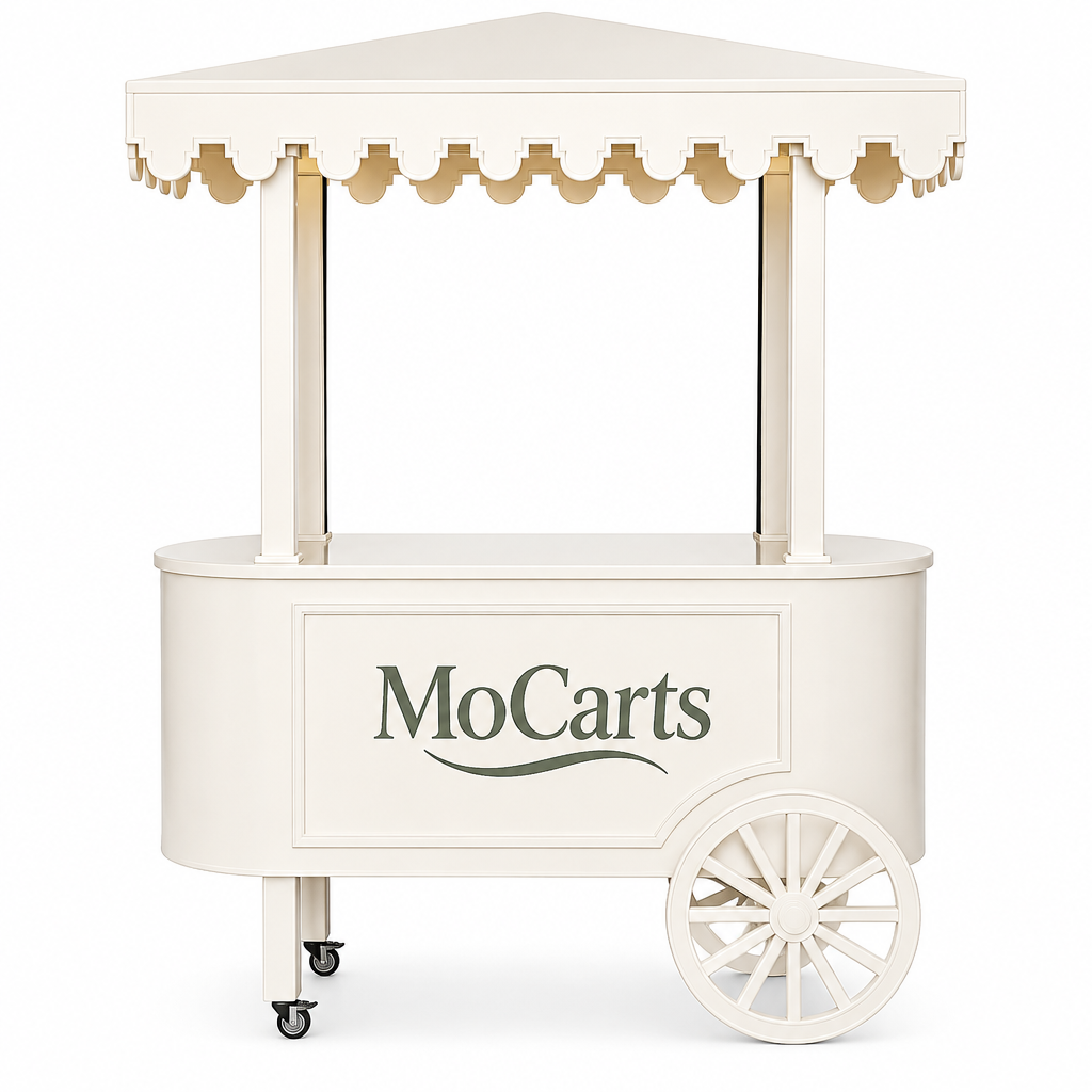 Vintage Mobile Coffee Cart — a classic market coffee cart in cream with a triangular scalloped awning and large decorative spoked wheels