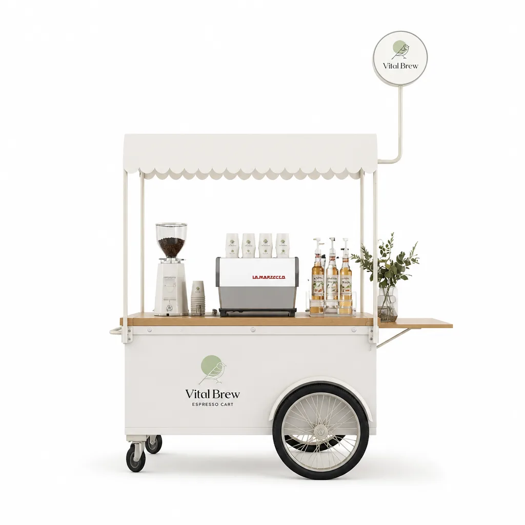 Ivory Box Coffee Cart — a minimalist white box coffee cart with a scalloped canopy, oak countertop, and a single spoked wheel